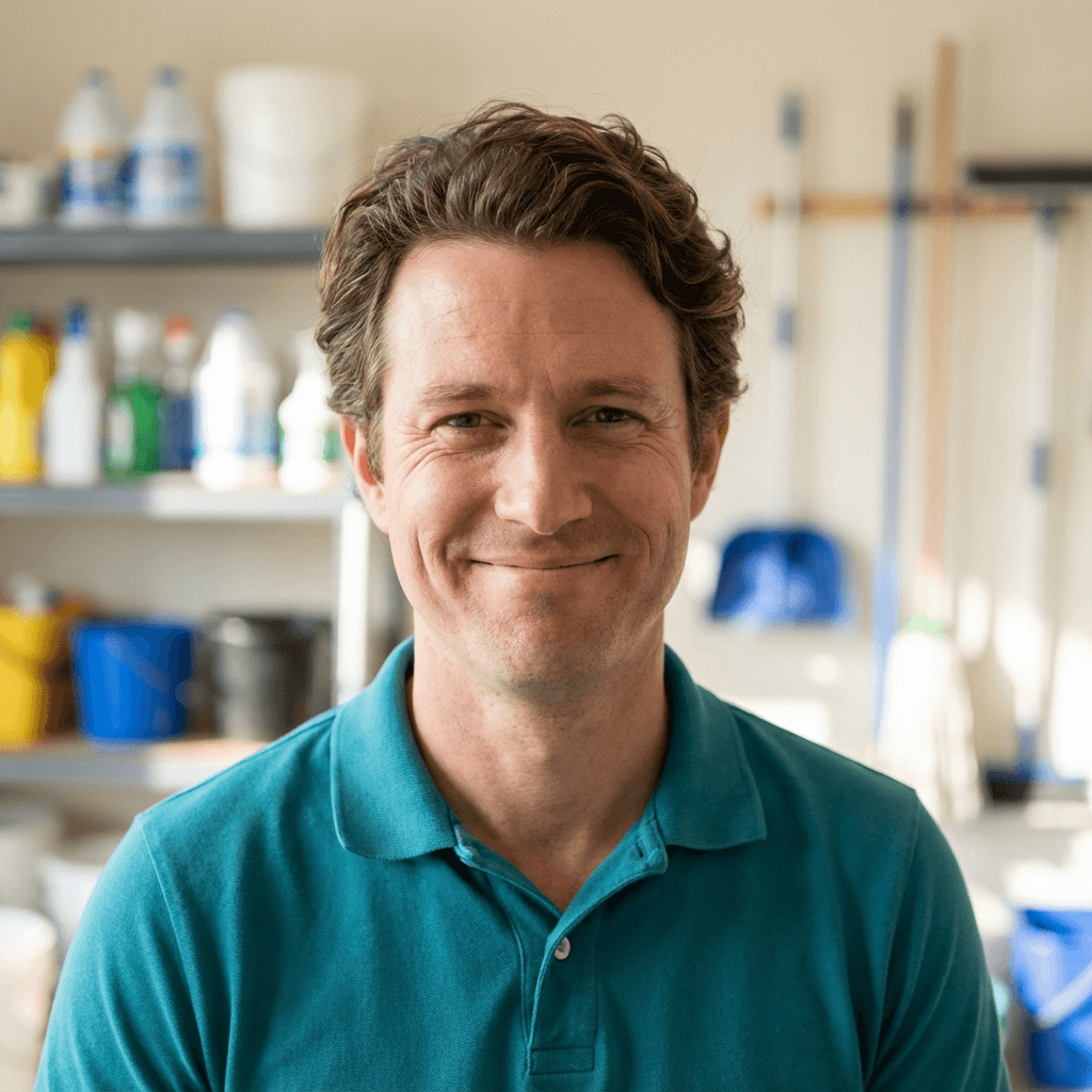 A smiling man in a teal polo shirt stands before shelves of cleaning supplies.