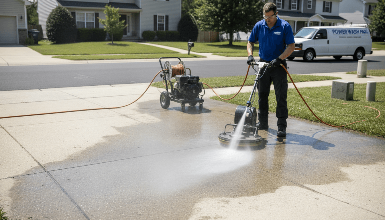 Pressure washing a concrete driveway with a high-pressure sprayer