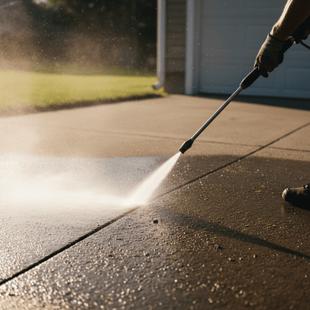Pressure washing a concrete driveway with a wide spray pattern
