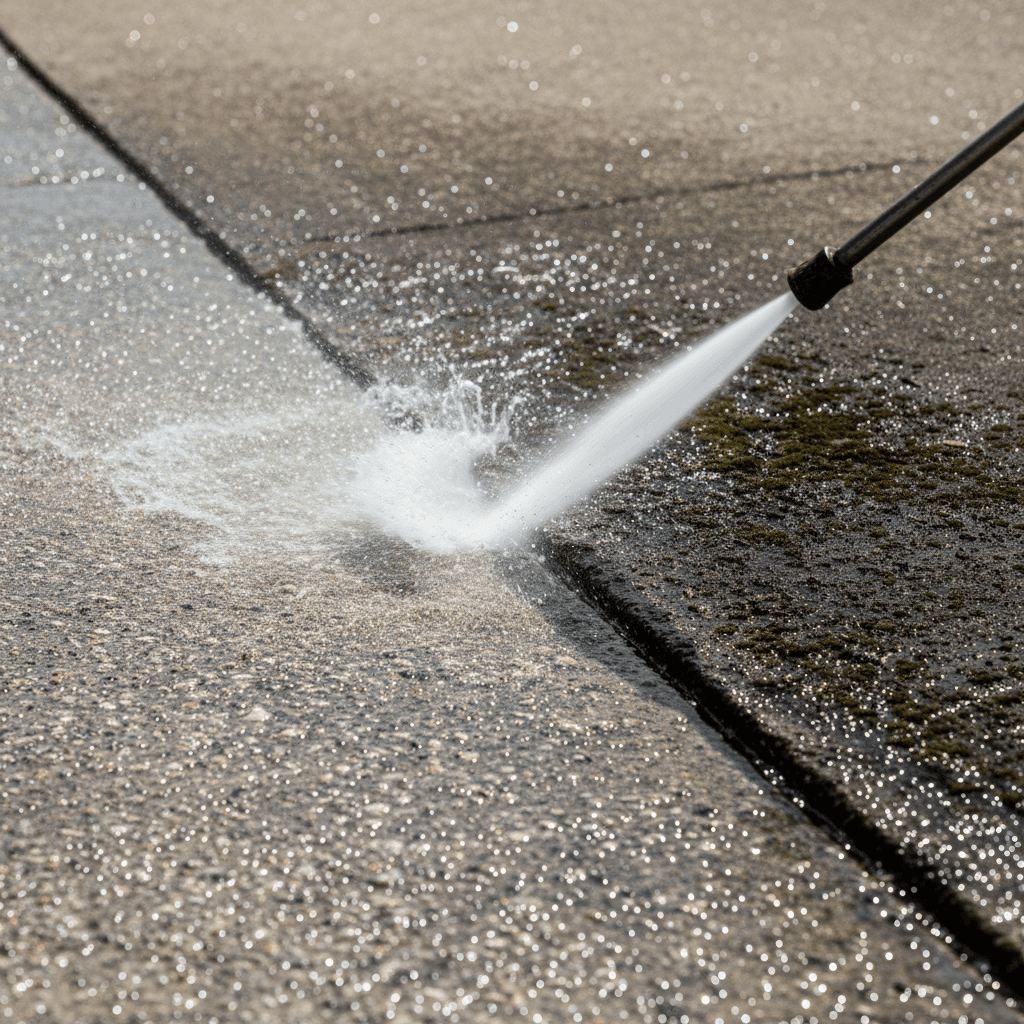 Pressure washing a concrete driveway to remove oil stains and grime