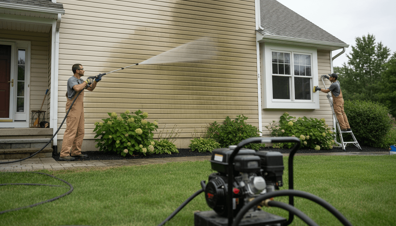 Cleaning house siding with a pressure washer to remove dirt and mildew