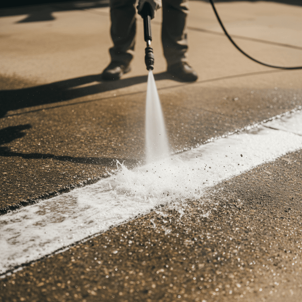 Pressure washer cleaning a concrete driveway with a strong water spray