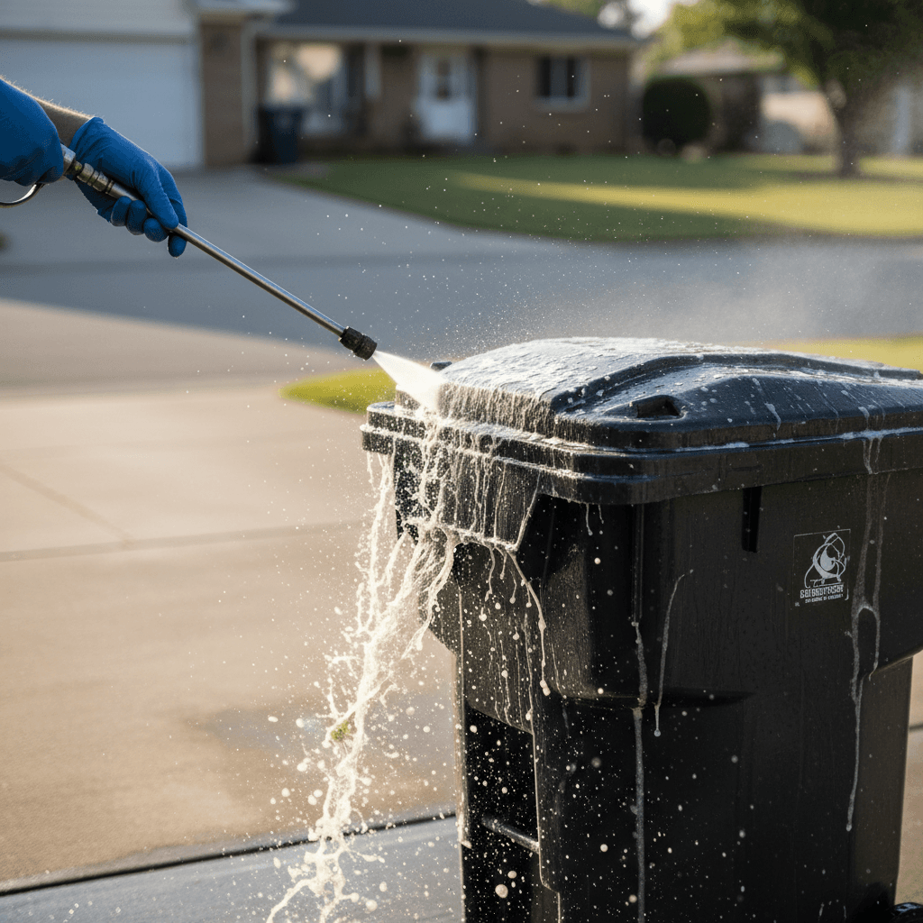 Rinsing out trash cans to remove built-up dirt and odor