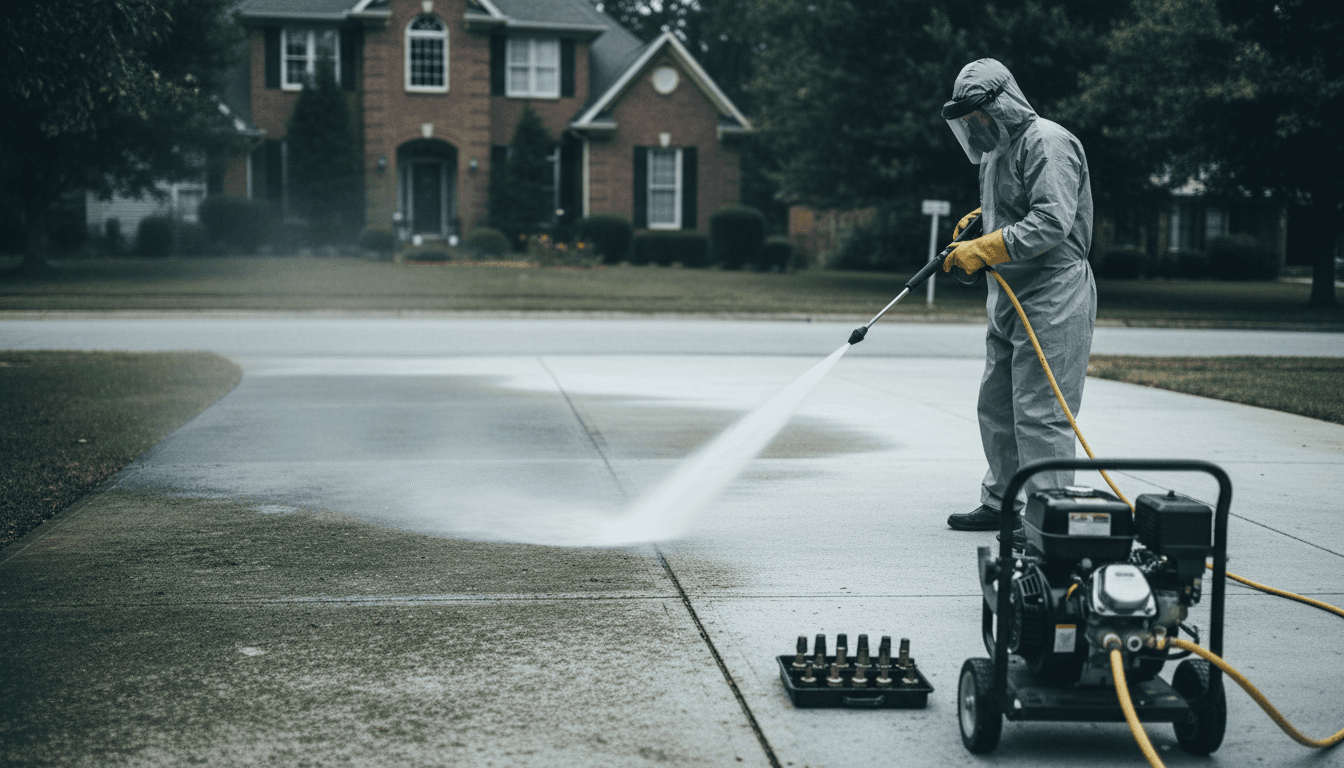 Pressure washing a concrete driveway with a professional spray wand