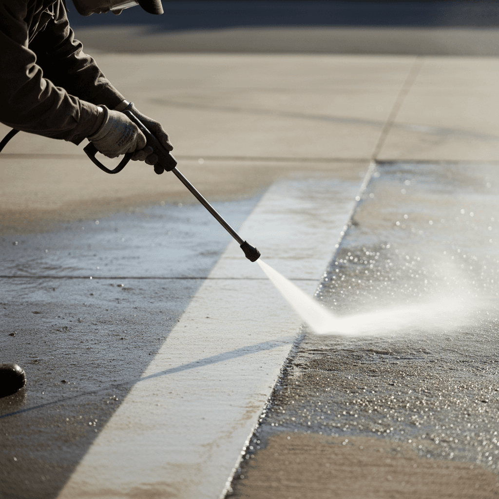 Pressure washing a residential driveway with professional equipment