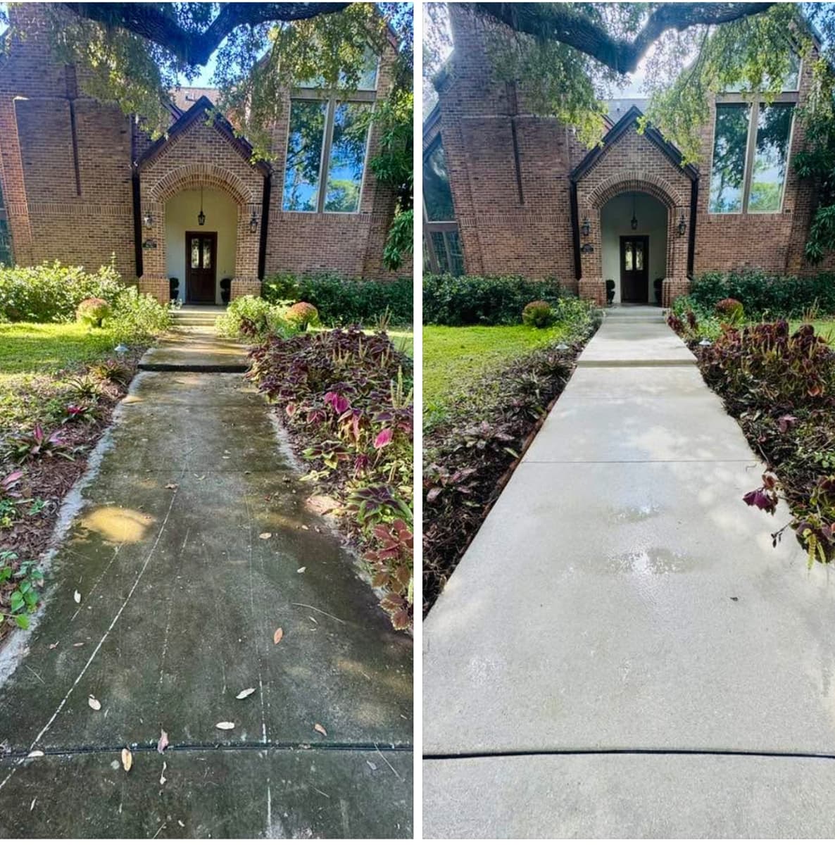 Side-by-side photos showing a dirty concrete walkway before and after professional pressure washing.